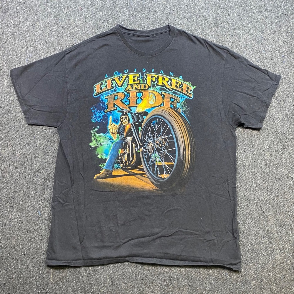 Unbranded Biker Aesthetic Mens L Black Louisiana Live Free Ride Skeleton T-Shirt